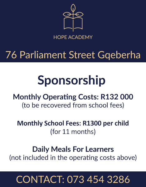 Sponsorship Opportunities. Monthly Operating Costs: R132 000 (to be recovered from school fees)
                            Monthly School Fees: R1100 per child (sponsor the full amount or part thereof)
                            Daily Meals For Learners (not included in the operating costs above)